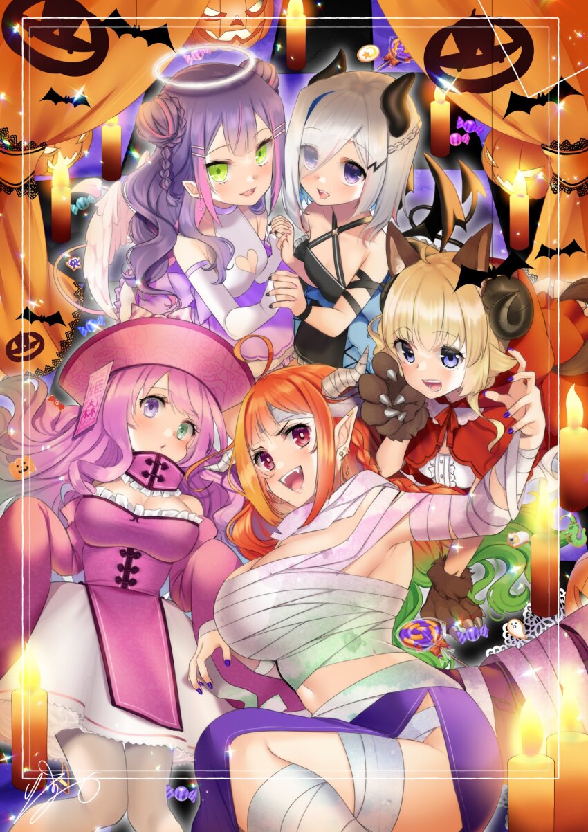 5girls absurdres alternate_costume amane_kanata angel angel_and_devil angel_wings bat_wings candle curtains demon halloween halloween_costume highres himemori_luna holoforce hololive horns isuka jack-o&#039;-lantern jiangshi_costume kiryu_coco monster_girl multiple_girls mummy_costume signature tokoyami_towa tsunomaki_watame virtual_youtuber wings