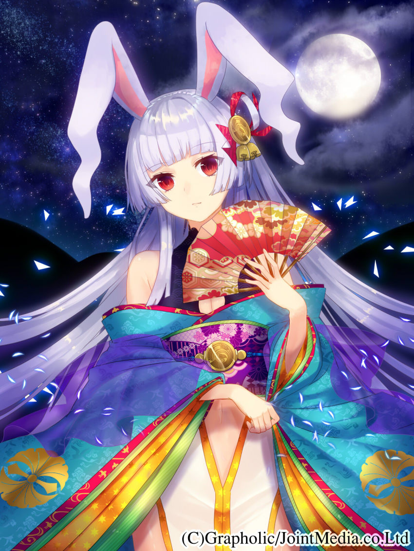 1girl animal_ears bad_id bad_pixiv_id rabbit_ears detached_sleeves hand_fan female_focus folding_fan full_moon hair_ornament head_tilt highres holding japanese_clothes kimono long_hair looking_at_viewer moon navel official_art priget_plus red_eyes silver_hair solo yusano