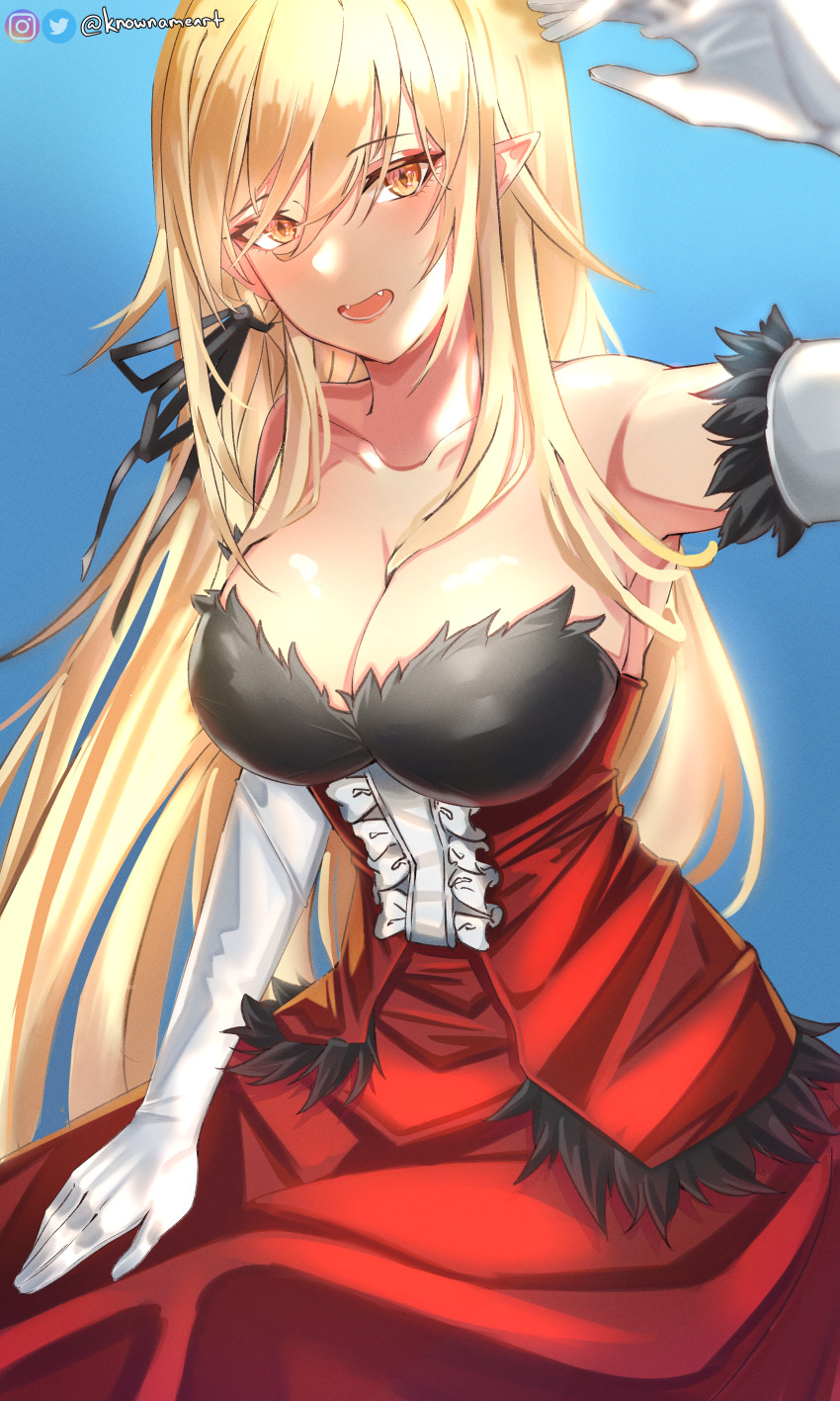 1girl absurdres arm_up armpits bare_shoulders black_ribbon blonde_hair blue_background blush breasts cleavage collarbone dress elbow_gloves fangs fur-trimmed_dress fur-trimmed_gloves fur_trim gloves hair_between_eyes hair_ribbon hand_on_own_thigh highres instagram_logo kiss-shot_acerola-orion_heart-under-blade knowname large_breasts long_hair looking_at_viewer monogatari_(series) open_mouth orange_eyes oshino_shinobu red_dress ribbon sitting sleeveless sleeveless_dress slit_pupils solo twitter_logo twitter_username very_long_hair white_gloves