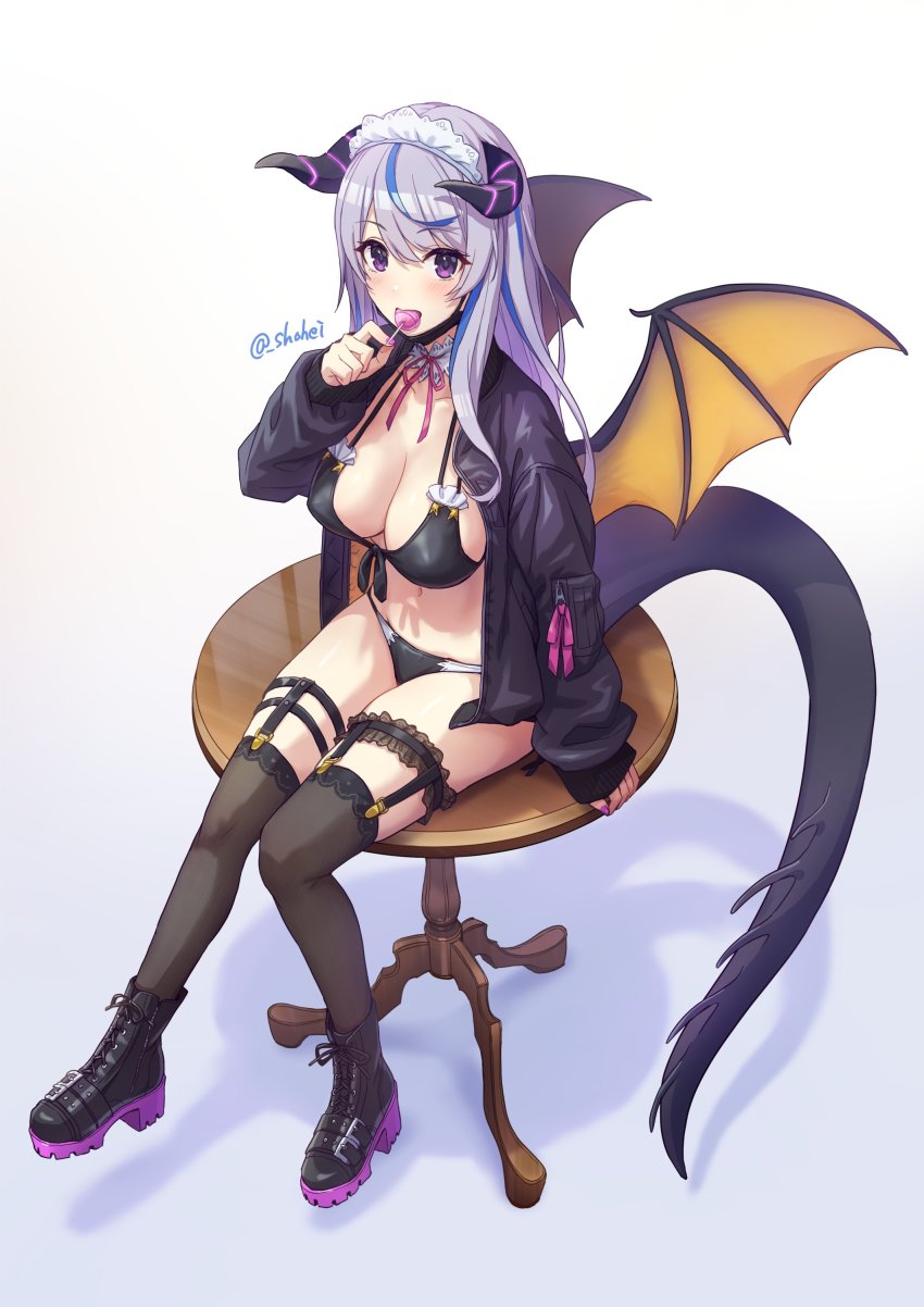 1girl absurdres bad_id bad_twitter_id bikini black_bikini black_footwear black_jacket black_thighhighs boots breasts candy choker cleavage dragon_girl dragon_horns dragon_tail dragon_wings food food_in_mouth frilled_choker frills front-tie_bikini_top front-tie_top headdress highres holding horns jacket large_breasts lollipop long_hair long_sleeves looking_at_viewer mask mask_pull mouth_mask multi-strapped_bikini multicolored_hair nail_polish navel open_clothes open_jacket open_mouth original purple_eyes shouhei side-tie_bikini_bottom silver_hair sitting sitting_on_table solo stomach streaked_hair string_bikini swimsuit table tail thighhighs thighs wings