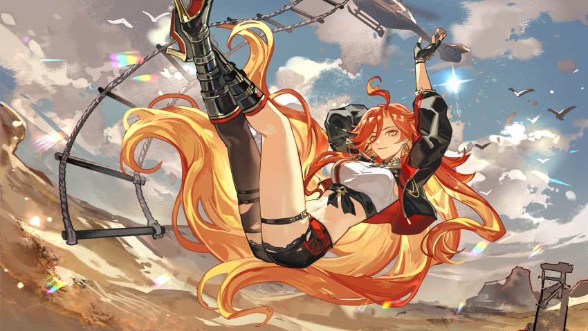 1girl aircraft arm_up black_boots black_gloves black_jacket blonde_hair boots closed_mouth colored_inner_hair crop_top fingerless_gloves genshin_impact gloves helicopter highres jacket knee_boots long_hair long_sleeves looking_at_viewer mavuika_(genshin_impact) mento multicolored_hair navel open_clothes open_jacket outdoors red_hair single_thighhigh smile solo stomach thigh_strap thighhighs