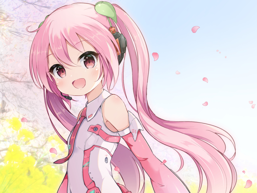 1girl :d blue_sky blush cherry_blossoms commentary_request detached_sleeves hatsune_miku headphones headset long_hair looking_at_viewer necktie nekono_rin open_mouth petals pink_eyes pink_hair pink_necktie sakura_miku sky smile solo twintails vocaloid