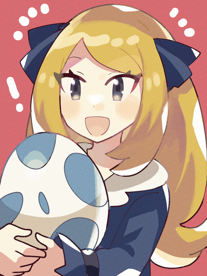 ! 1girl :d aged_down anidler91 black_eyes blonde_hair blue_ribbon creatures_(company) cynthia_(pokemon) egg game_freak grey_eyes hair_ribbon highres holding holding_egg long_hair long_sleeves nintendo official_alternate_costume open_mouth pokemon pokemon_(anime) pokemon_egg pokemon_jn122 pokemon_journeys red_background ribbon smile solo