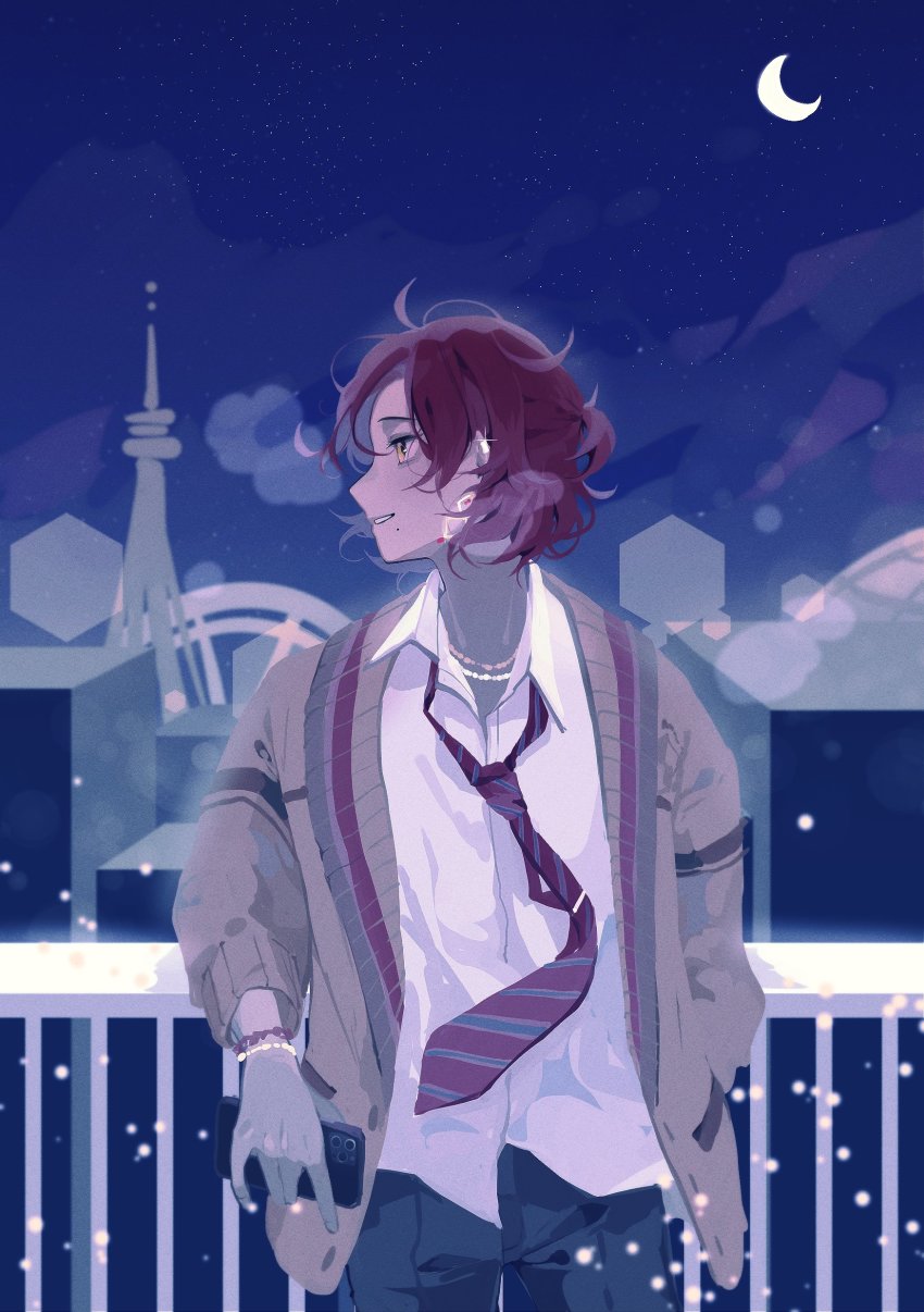 1boy absurdres beige_cardigan black_pants bracelet cardigan cellphone chain collared_shirt crescent_moon gold_chain ha_yun highres holding holding_phone jewelry looking_to_the_side male_focus mole mole_under_mouth moon necktie night night_sky nijisanji nijisanji_kr pants phone red_necktie sakai_eri_(illustratoreri) school_uniform shirt sky smartphone smile solo virtual_youtuber white_shirt yellow_eyes