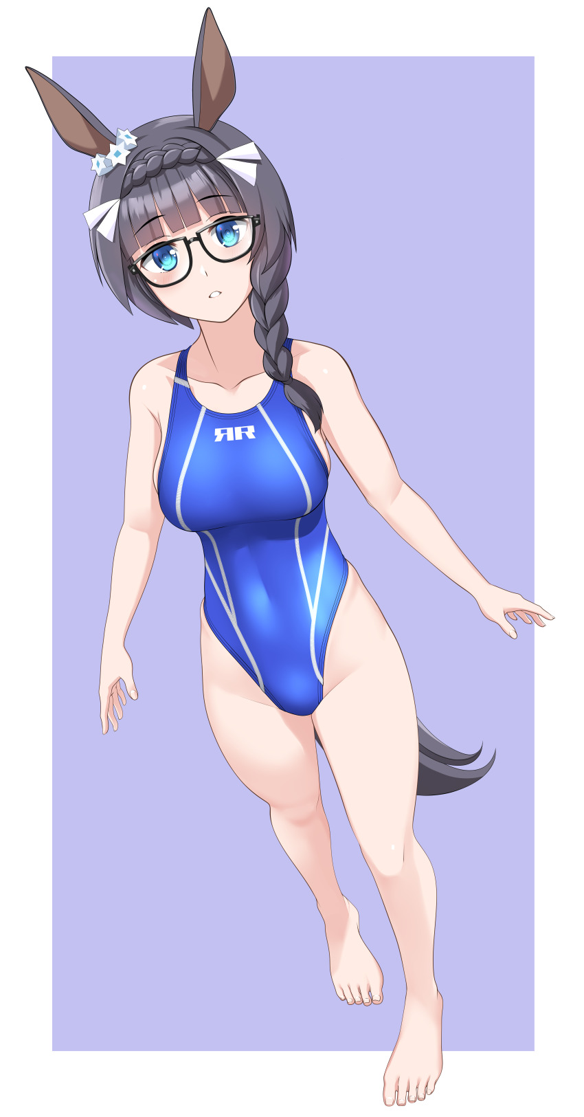 1girl absurdres animal_ears barefoot black_hair blue_eyes blue_one-piece_swimsuit blunt_bangs border braid commentary_request competition_swimsuit crown_braid ear_ornament ear_scrunchie glasses grey_background hair_over_shoulder highleg highleg_one-piece_swimsuit highres horse_ears horse_girl horse_tail long_hair looking_at_viewer multicolored_clothes multicolored_swimsuit one-piece_swimsuit outside_border parted_lips single_braid solo standing swimsuit tail takafumi umamusume variant_set white_border zenno_rob_roy_(umamusume)