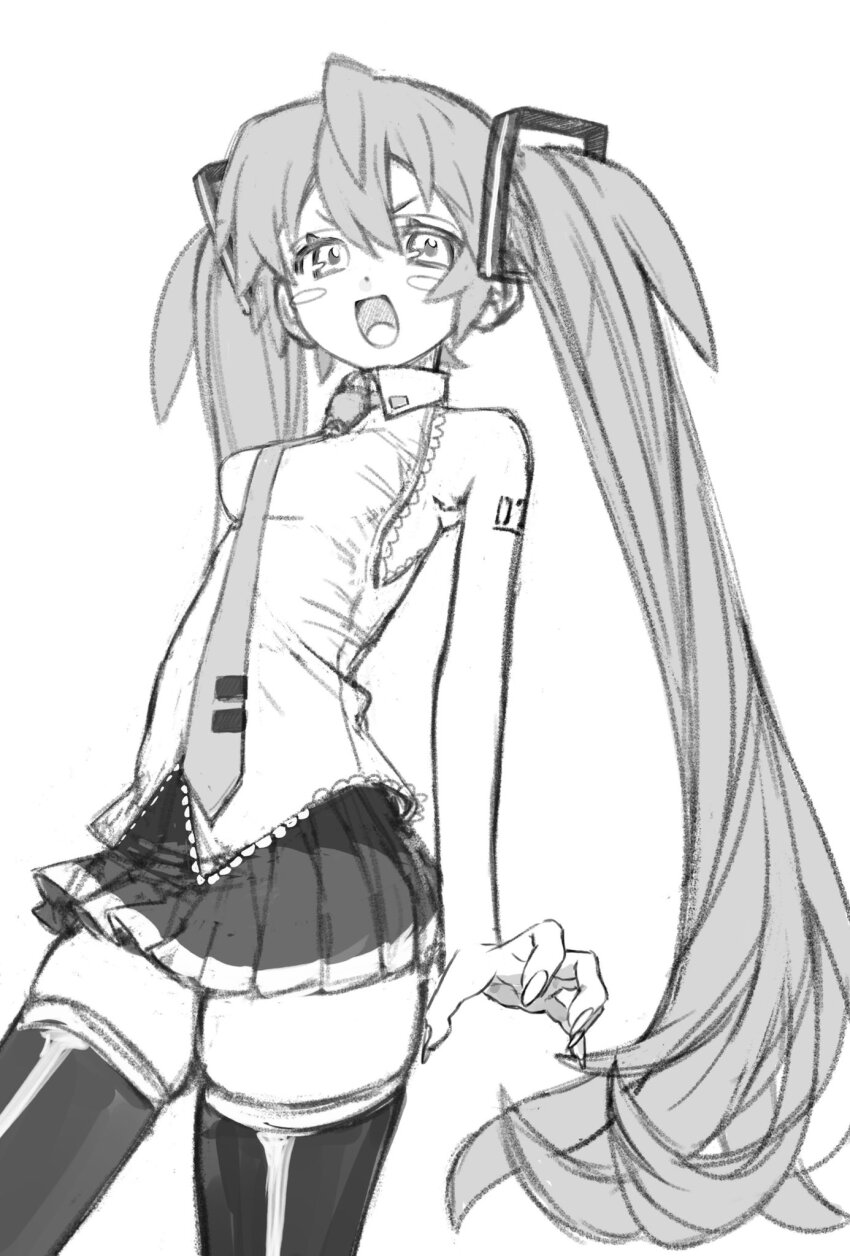 1girl :d bare_shoulders breasts collared_shirt greyscale hair_between_eyes hatsune_miku highres iniooooo long_hair looking_at_viewer miniskirt monochrome necktie number_tattoo open_mouth pleated_skirt shirt simple_background skirt sleeveless sleeveless_shirt small_breasts smile solo tattoo thighhighs twintails v-shaped_eyebrows very_long_hair vocaloid white_background