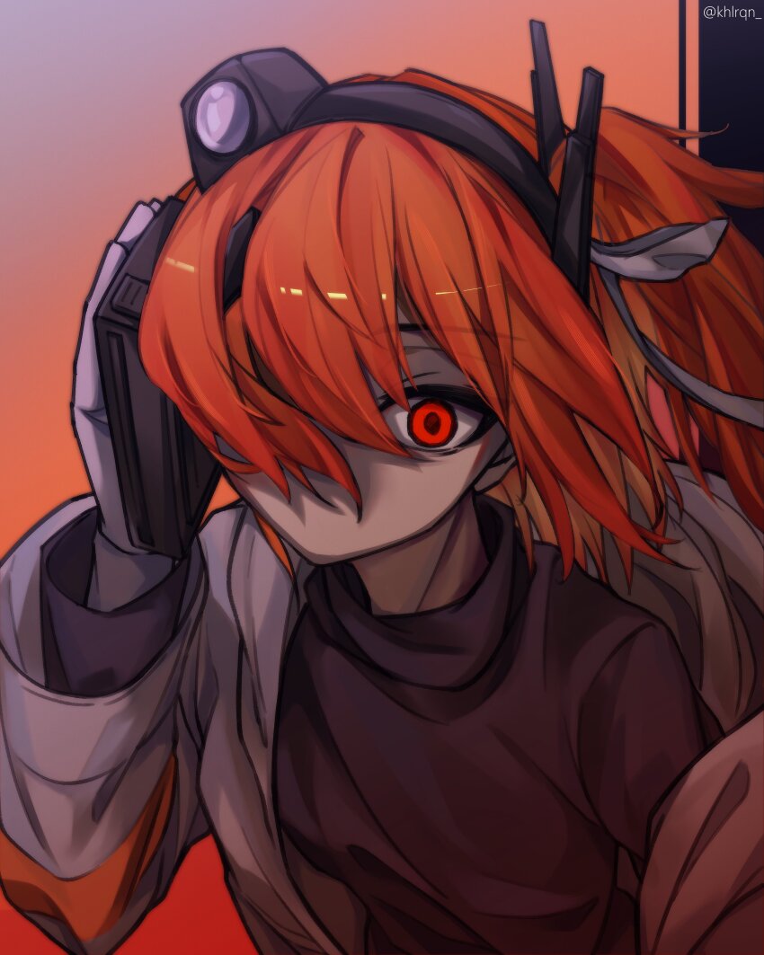 1girl a.i._voice absurdres adachi_rei black_shirt cassette_player hair_over_one_eye hair_ribbon headlamp highres holding jacket khlrqn long_sleeves netsu_ijou_(utau) no_mouth open_clothes open_jacket orange_background orange_eyes orange_hair radio_antenna ribbon shirt side_ponytail solo utau white_jacket white_ribbon