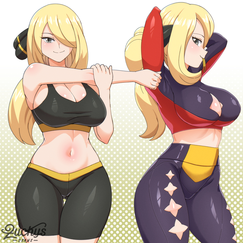 1girl artist_name black_pants black_shorts blonde_hair blush breasts cleavage_cutout closed_mouth clothing_cutout creatures_(company) crop_top cynthia_(pokemon) game_freak grey_eyes hair_elastic hair_ornament hair_over_one_eye high-waist_pants highres large_breasts leg_cutout long_hair long_sleeves looking_at_viewer nintendo pants pokemon pokemon_dppt ponytail shorts signature simple_background smile solo sports_bra standing stretching very_long_hair yoga_pants zuchysdraws