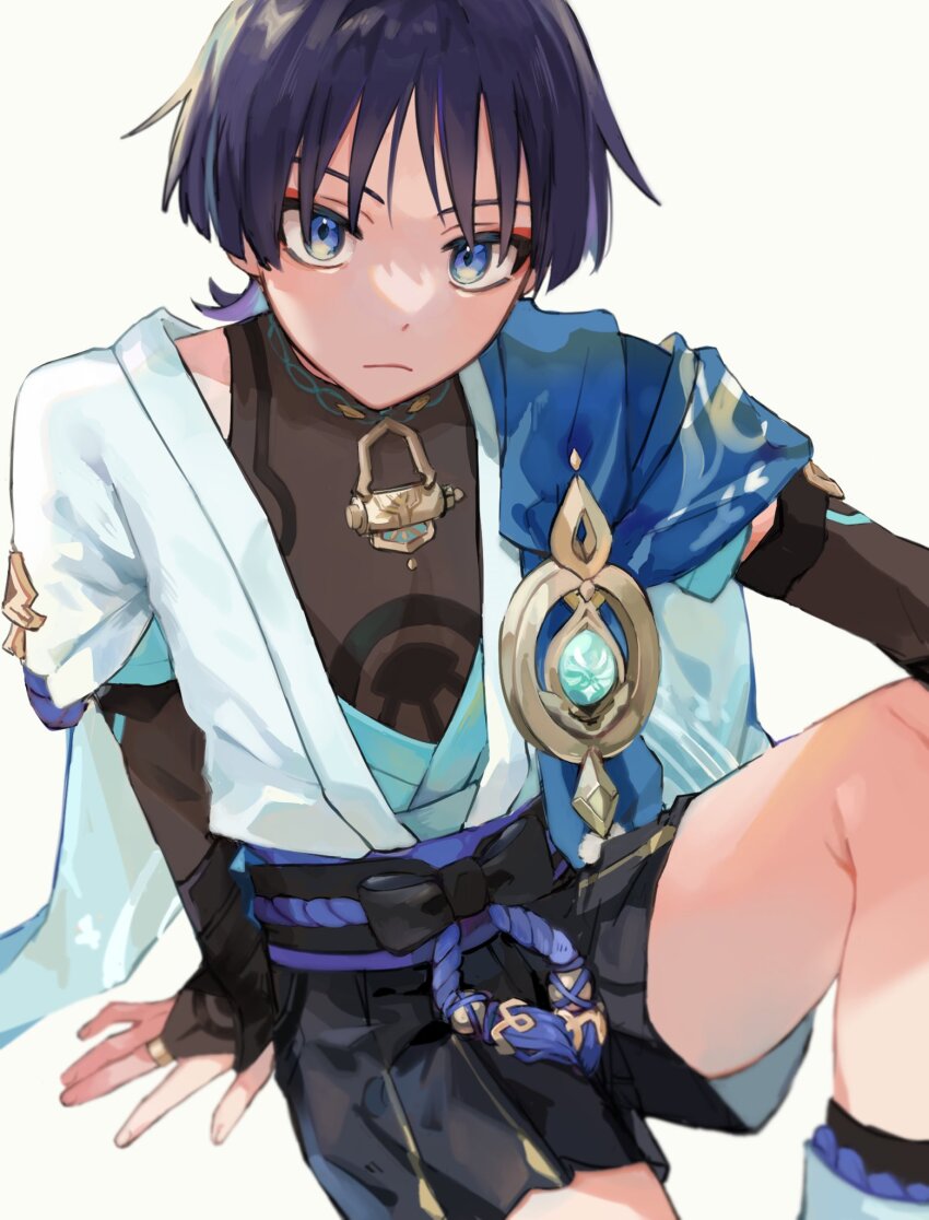 1boy anemo_symbol_(genshin_impact) arm_at_side arm_on_knee arm_out_of_frame arm_support armor belt black_belt black_bodysuit black_bow black_hair black_shorts blue_cape blue_eyes blunt_ends bodysuit bow bridal_gauntlets cape closed_mouth collarbone expressionless eyeliner eyeshadow feet_out_of_frame genshin_impact gold gold_ring hakama hakama_shorts highres japanese_armor japanese_clothes kimono kote kurokote layered_clothes layered_kimono layered_sleeves looking_at_viewer makeup male_focus middle_ring multicolored_hair open_clothes open_hand open_kimono pom_pom_(clothes) purple_hair purple_rope purple_sash purple_sleeves red_eyeliner red_eyeshadow rope sash scaramouche_(genshin_impact) short_sleeves shorts shoulder_peek sitting solo thighhighs tokonatts two-tone_hair vision_(genshin_impact) wanderer_(genshin_impact) white_background white_kimono white_sleeves