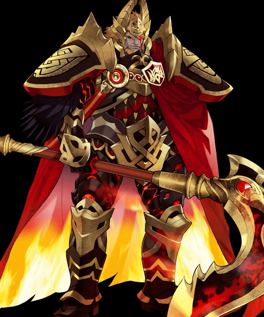 1boy armor fake_horns fire_emblem fire_emblem_heroes glowing greaves helmet highres horned_helmet horns lava male_focus nintendo official_art solo standing surtr_(fire_emblem) transparent_background