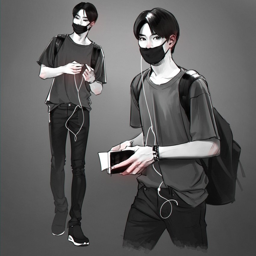 1boy abbystea backpack bag blouse book covered_mouth earphones full_body grey_background grey_shirt grey_theme greyscale highres jung_yoon-oh male_focus mask monochrome mouth_mask multiple_views nct_(band) real_life shirt shoes sneakers spot_color surgical_mask wristband