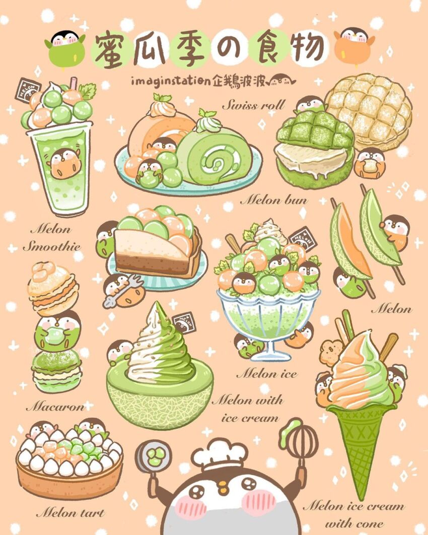 batter beak bird black_eyes blush_stickers cake chef_hat chinese_commentary chinese_text commentary_request cream_puff cup disposable_cup drinking_straw english_text food food_focus fruit fruit_tart frying_pan hat highres holding holding_food holding_frying_pan holding_whisk ice_cream ice_cream_cone imaginstation in_food melon melon_slice mixed-language_text motion_lines no_humans notice_lines on_food orange_background original penguin pie pie_slice plate pocky polka_dot polka_dot_background simple_background smoothie solid_circle_eyes sparkle sparkling_eyes stick submerged swiss_roll tart_(food) translation_request whisk white_hat