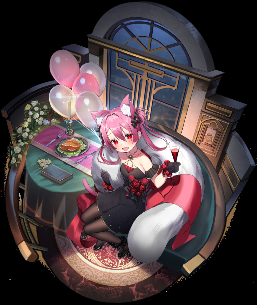 1girl :d alcohol animal_ear_fluff animal_ears asagi_yuna azur_lane balloon bare_shoulders black_dress black_footwear bow brown_pantyhose cat_ears cat_girl cat_tail couch cup dress drinking_glass fang feather_boa flower from_above full_body hair_bow hatsushimo_(azur_lane) hatsushimo_(perennial_joy)_(azur_lane) highres holding holding_cup long_hair looking_at_viewer official_alternate_costume official_art open_mouth pantyhose pink_hair red_eyes red_flower red_ribbon ribbon rose shoes short_dress sitting smile solo table tail transparent_background twintails wine