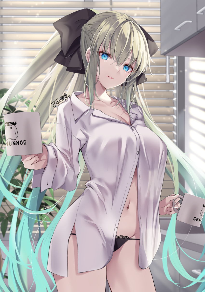 1girl akatsuki_hijiri black_bow black_panties blue_eyes bow braid breasts cernunnos_(fate) character_print cleavage cup fate/grand_order fate_(series) grey_hair hair_bow highres large_breasts long_hair long_sleeves looking_at_viewer morgan_le_fay_(fate) mug navel panties ponytail shirt sidelocks smile solo thighs underwear very_long_hair white_shirt