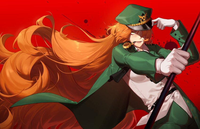 1girl belt black_belt collared_shirt cowboy_shot floating_hair gloves green_eyes green_hat green_jacket green_pants hair_over_one_eye hat highres ishmael_(project_moon) jacket limbus_company long_hair looking_ahead orange_hair pants peaked_cap pequod_(identity)_(project_moon) pipe_in_mouth project_moon ranya_(artiraia) red_background shirt simple_background smoking_pipe solo very_long_hair white_gloves white_shirt