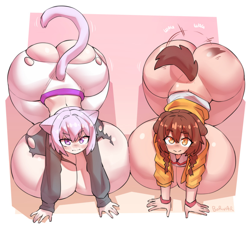 2girls all_fours animal_ears artist_name ass blush borvar bottomless bracelet breasts brown_eyes brown_hair cat_ears cat_girl cat_tail cleavage curvy dog_ears dog_girl dog_tail from_above gigantic_breasts highres hololive hood hoodie huge_ass inugami_korone jacket jewelry long_hair long_sleeves looking_at_viewer looking_up multiple_girls narrow_waist nekomata_okayu pants purple_eyes purple_hair shiny_skin short_hair simple_background tail tail_wagging torn_clothes torn_pants undersized_clothes virtual_youtuber white_pants wide_hips