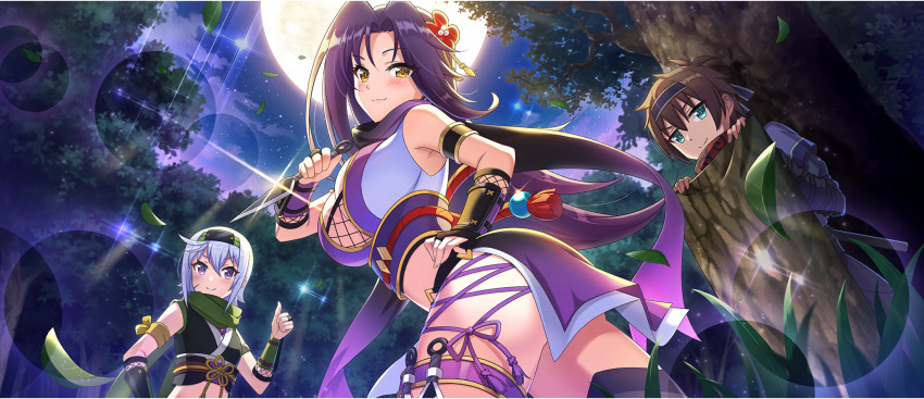 1boy 2girls armband armlet armor armpit_crease ass asymmetrical_sidelocks black_hair black_headband black_kimono black_scarf breasts brown_hair chris_(konosuba) cleavage cropped_kimono facial_scar falling_leaves fishnet_top fishnets forehead_protector forest from_below full_moon game_cg gradient_scarf green_eyes green_headband green_scarf grey_hair hair_between_eyes hair_ornament hand_on_own_hip headband hiding highres holding_kunai holster japanese_armor japanese_clothes jewelry jitome kimono kono_subarashii_sekai_ni_shukufuku_wo! konosuba!_fantastic_days kote kunai kurokote large_breasts leaf light_blush light_smile long_hair long_scarf looking_at_viewer looking_down melissa_(konosuba) midriff moon multiple_girls nature night night_sky ninja obi obidome obijime official_alternate_costume official_art outdoors parted_bangs purple_eyes purple_scarf red_scarf sash satou_kazuma scar scar_on_cheek scar_on_face scarf short_hair side_ahoge sidelocks sky sleeveless sleeveless_kimono small_breasts sparkle standing thigh_holster thighs thumbs_up tree v-shaped_eyebrows weapon white_kimono yellow_armband yellow_eyes