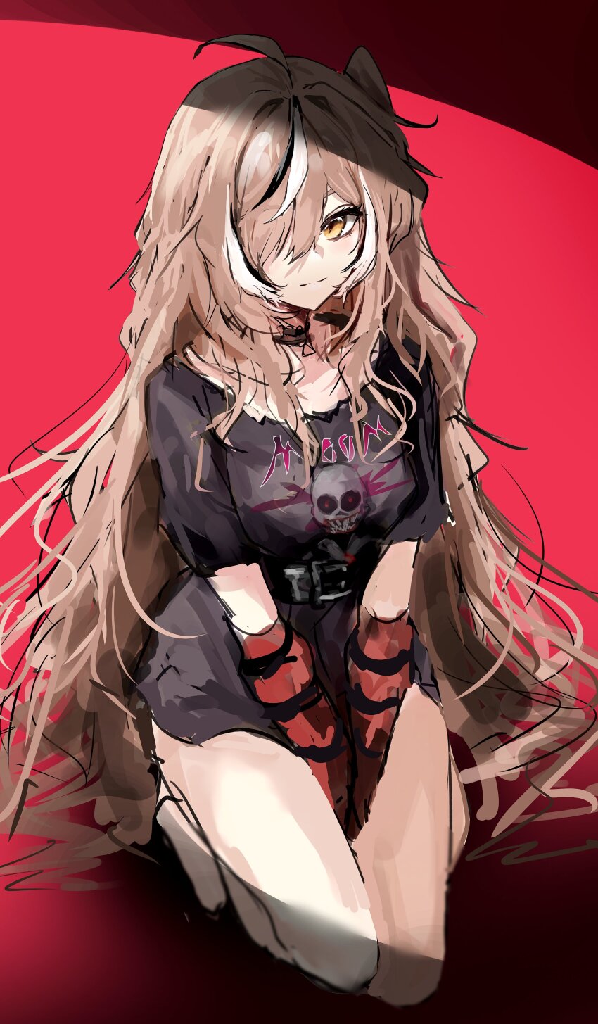 1girl absurdres ahoge arms_between_legs bare_legs black_choker black_shirt black_skirt brown_eyes brown_hair choker emo_fashion full_body hair_over_one_eye han_ma53 highres hololive hololive_english long_hair looking_at_viewer multicolored_hair nanashi_mumei nanashi_mumei_(emo) nightmare_(nanashi_mumei) official_alternate_costume one_side_up red_arm_warmers red_background seiza shadow shirt shirt_tucked_in sitting sketch skirt smile streaked_hair striped_arm_warmers very_long_hair virtual_youtuber wavy_hair y-shiki