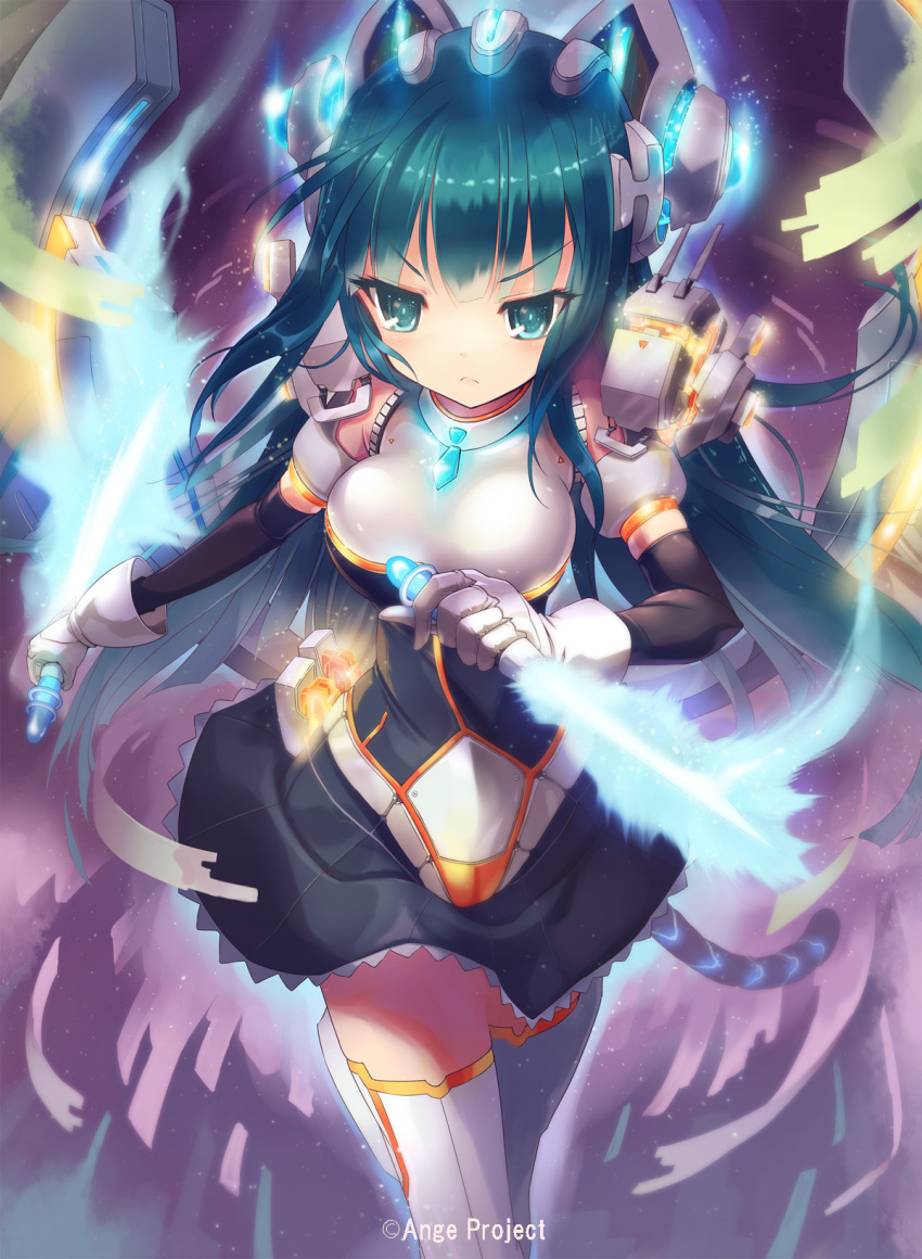 10s 1girl android ange_vierge breasts detached_sleeves dress dual_wielding female_focus fighting_stance frown gloves glowing green_eyes green_hair headgear highres holding kankurou knife long_hair magic matching_hair/eyes original science_fiction solo tail thighhighs very_long_hair