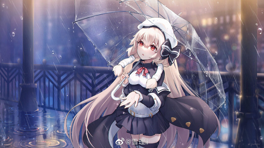 1girl beret black_skirt black_thighhighs blonde_hair bow breasts building chaser_(warship_girls_r) dress hair_between_eyes hat highres holding holding_umbrella jacket long_hair long_sleeves looking_up low-tied_sidelocks night outdoors parted_lips pleated_skirt railing rain red_eyes ribbon skirt solo standing thighhighs transparent transparent_umbrella umbrella very_long_hair warship_girls_r water yukiri_(l_ii) zettai_ryouiki