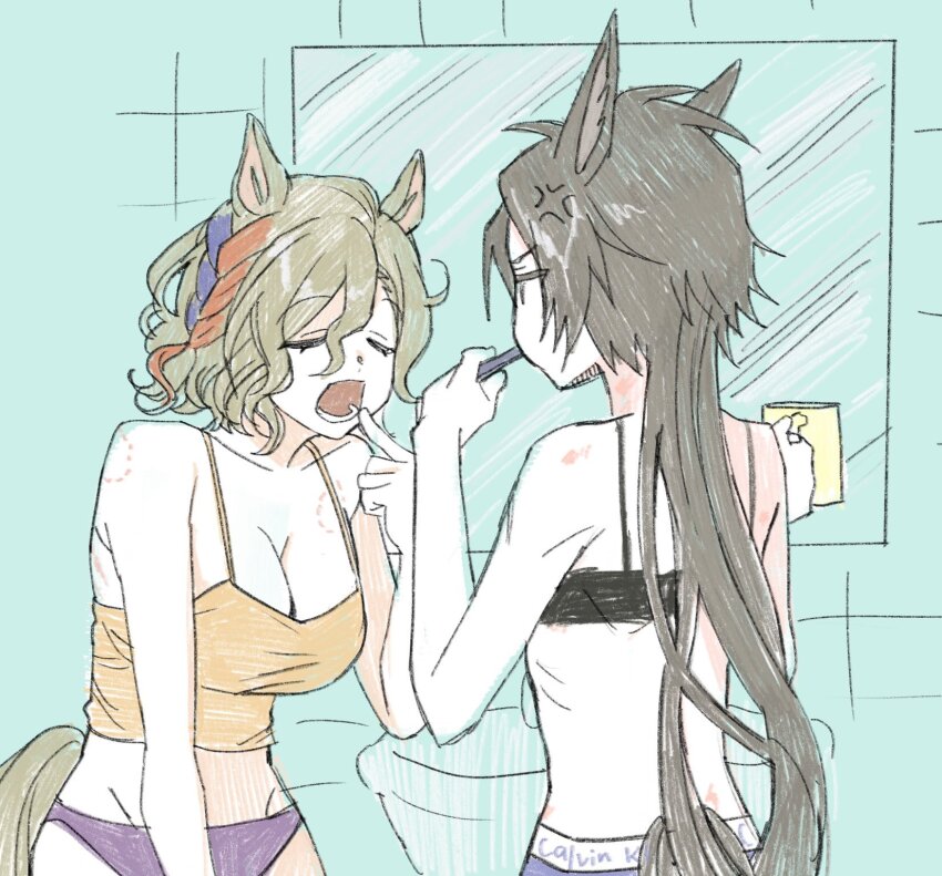 2girls :o air_shakur_(umamusume) anger_vein animal_ears annoyed back bare_arms bare_shoulders bathroom bite_mark bite_mark_on_neck black_bra black_hair black_tail blue_hair bra breasts brushing_teeth calvin_klein camisole cleavage closed_eyes clothes_writing collarbone cup faucet from_behind green_tail hair_between_eyes hickey highres holding holding_cup holding_toothbrush horse_ears horse_girl horse_tail implied_after_sex index_finger_raised indoors korean_commentary large_breasts long_hair looking_at_another lower_teeth_only mirror mixed-language_commentary mug multicolored_hair multiple_girls open_mouth orange_camisole panties pointing pointing_at_mouth pointing_at_self purple_panties red_hair ribs scratches short_hair sink tail tap_dance_city_(umamusume) teeth toothbrush toothbrush_in_mouth uma_ozisan umamusume underwear underwear_only underwear_writing upper_body v-shaped_eyebrows very_long_hair wavy_hair yuri