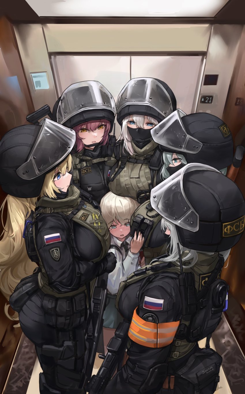 1boy 5girls ass assault_rifle belt blonde_hair blue_eyes blush body_armor breasts buckle bulletproof_vest child elevator grey_hair gun helmet highres holding holding_weapon holster huge_ass large_breasts long_hair long_sleeves mask military military_uniform mouth_mask multiple_girls open_mouth orange_eyes original pants police police_of_russia purple_hair rifle russian_flag s.w.a.t. sawkm shirt shorts snap-fit_buckle tactical_clothes thigh_holster weapon white_hair