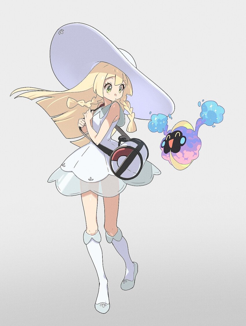 1girl bag blonde_hair braid commentary cosmog creatures_(company) daniel_deng dress full_body game_freak gen_7_pokemon green_eyes hat highres legendary_pokemon lillie_(pokemon) long_hair nintendo pokemon pokemon_(creature) pokemon_sm sandals shoulder_bag simple_background socks sun_hat sundress twin_braids white_background white_dress white_hat white_socks