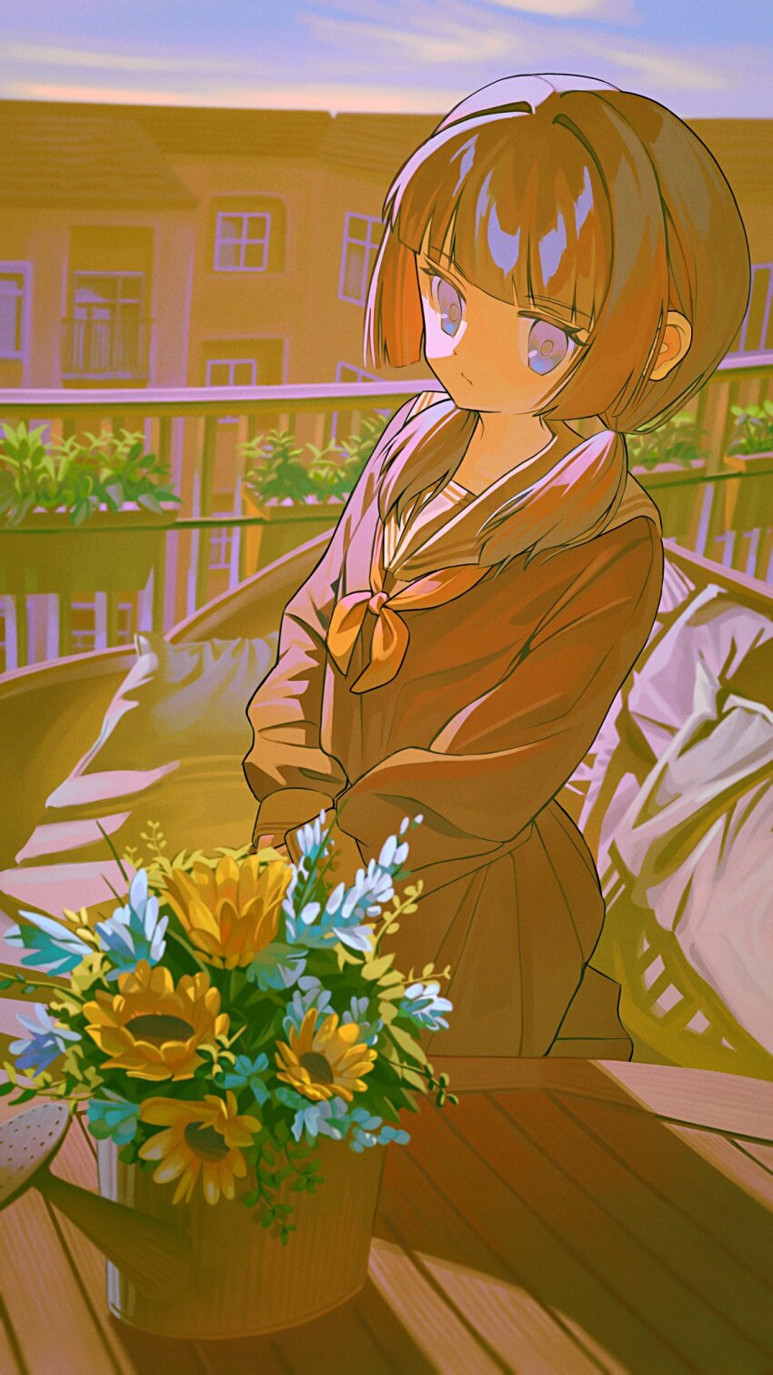 1girl balcony brown_hair building closed_mouth flower highres kagenoyuhi long_hair long_sleeves looking_at_viewer low_twintails neckerchief original pleated_skirt railing sailor_collar school_uniform serafuku sitting skirt solo twintails watering_can yellow_flower