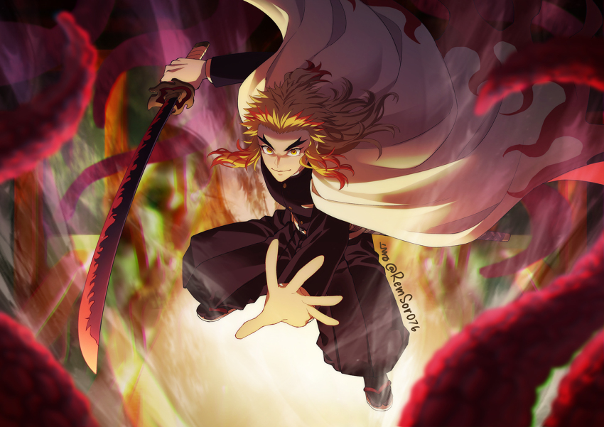 1boy black_hakama black_shirt black_socks blonde_hair buttons cape demon_slayer_uniform forked_eyebrows full_body hakama hakama_pants holding holding_sword holding_weapon japanese_clothes katana kimetsu_no_yaiba long_hair male_focus multicolored_hair orange_hair pants remsor076 rengoku_kyoujurou sandals shirt socks solo sword tabi thick_eyebrows twitter_username two-tone_hair weapon white_cape yellow_eyes zouri