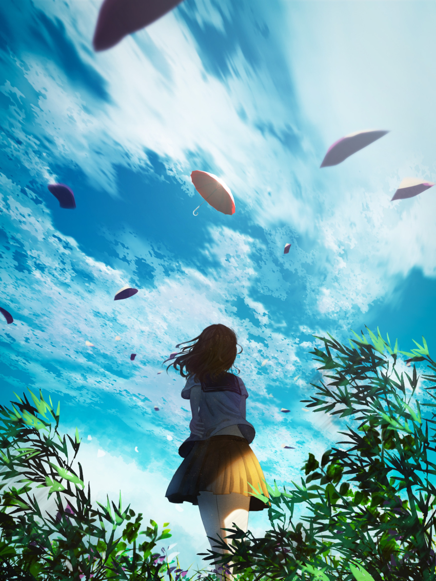 1girl blue_sky brown_hair brown_skirt cloud day facing_away flower grass highres original outdoors petals sailor_collar scenery school_uniform shirt shuu_illust skirt sky solo standing summer umbrella white_shirt wind wind_lift