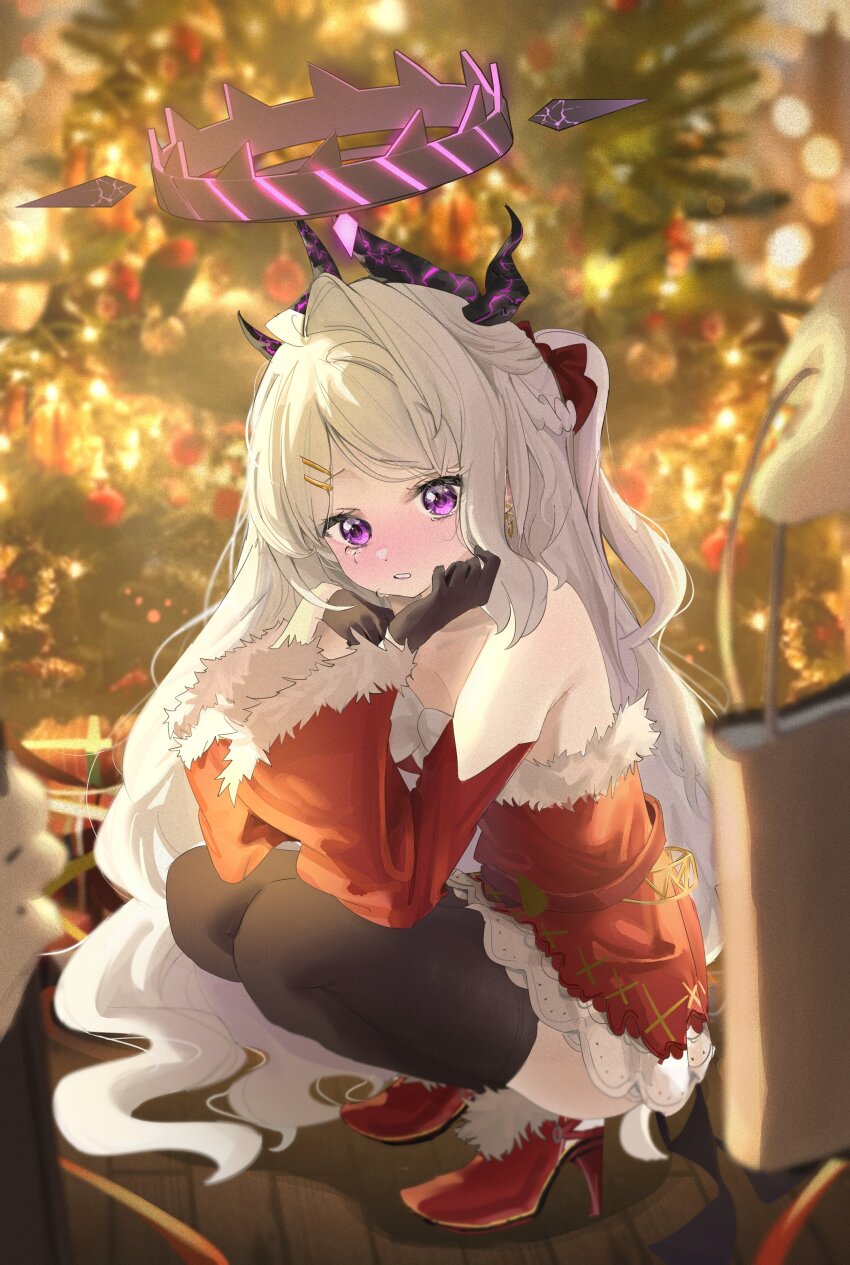 1girl absurdres alternate_costume bag bare_shoulders black_gloves black_halo black_thighhighs blue_archive blush breasts christmas christmas_tree commentary_request demon_girl demon_horns gloves hair_ornament hairclip halo high_heels highres hina_(blue_archive) horns inu_lin long_hair purple_eyes sensei_(blue_archive) sitting tears thighhighs thighs white_hair