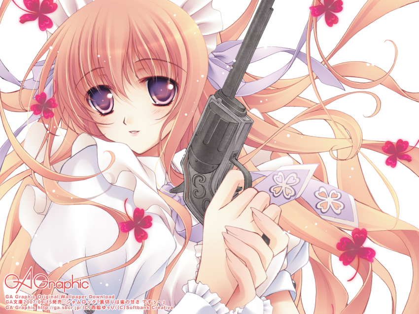 1girl 2007 blonde_hair blush clover company_name copyright_name dated female_focus four-leaf_clover gagraphic gun handgun long_hair looking_at_viewer nishiwaki_yuuri official_art official_wallpaper purple_eyes revolver shamrock_(novel) solo very_long_hair watermark weapon web_address