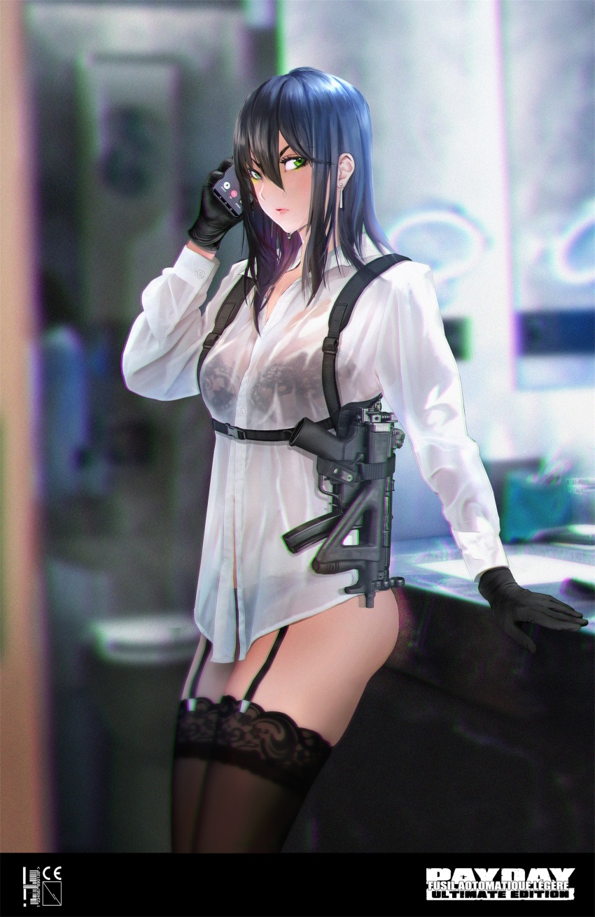 1girl absurdres black_bra black_gloves black_hair black_thighhighs blurry blurry_background bra chinese_commentary closed_mouth collared_shirt commentary_request earrings garter_straps gloves green_eyes gun h&amp;k_mp5 hair_between_eyes highres holding holding_phone jewelry lips long_sleeves looking_at_viewer payday_(series) phone shirt solo sta submachine_gun thighhighs tiewan underwear weapon wet wet_clothes wet_shirt white_shirt