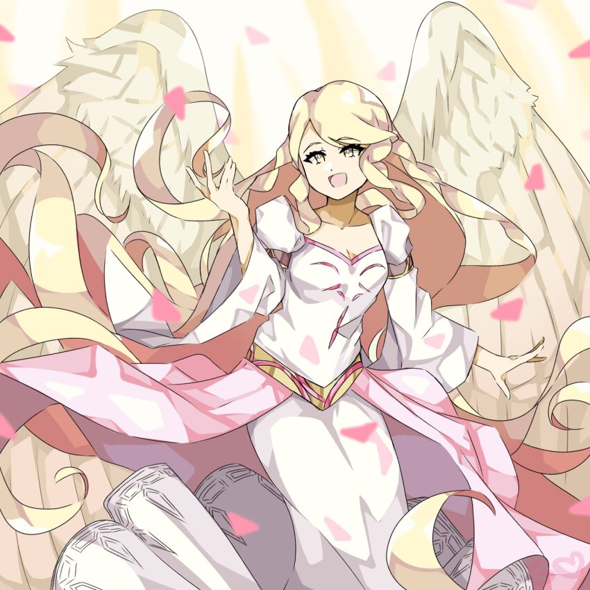 1girl angel_wings bird blonde_hair dress feathered_wings fire_emblem fire_emblem:_radiant_dawn graysheartart green_eyes heron highres leanne_(fire_emblem) long_hair nintendo open_mouth smile white_wings wings