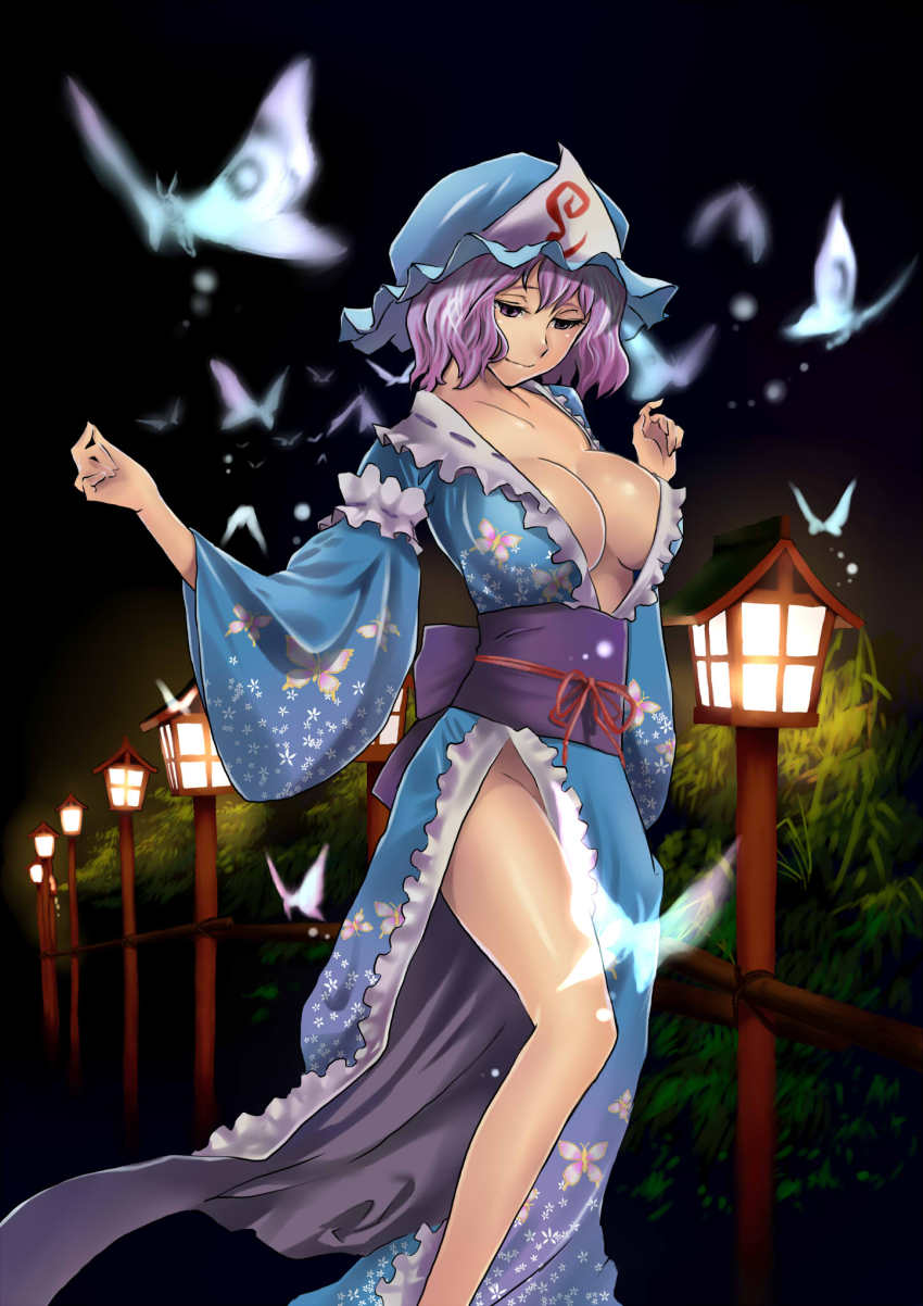 1girl bare_legs breasts bug butterfly cleavage female_focus ghost ginjuuji hat highres bug japanese_clothes lantern large_breasts legs light_smile long_legs looking_down nature no_bra no_panties obi open_clothes pink_eyes pink_hair saigyouji_yuyuko sash side_slit solo thighs touhou triangular_headpiece