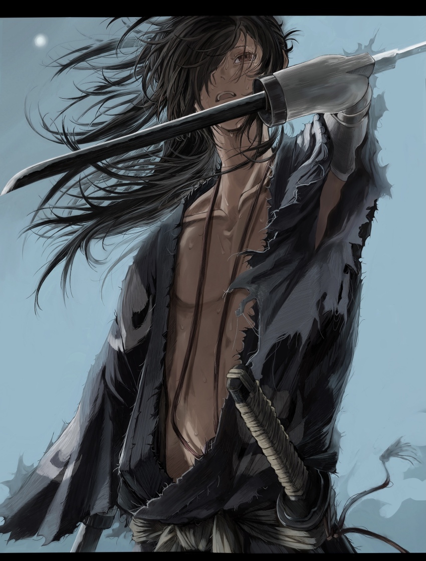 1boy absurdres bandages black_hair blue_sky brown_eyes dororo_(tezuka) highres hyakkimaru_(dororo) japanese_clothes kimono long_hair looking_at_viewer male_focus open_clothes open_kimono outdoors pito_x8 ponytail prosthesis prosthetic_arm sky standing sword torn_clothes weapon