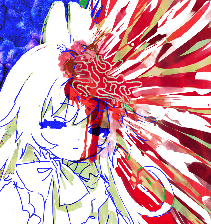 1girl animal_ears blood blood_on_face blood_splatter blue_background closed_mouth colored_skin exposed_brain faust_(nonsensemanna) guro half-closed_eyes highres looking_at_viewer nonsensemanna original rabbit_ears rabbit_girl solo upper_body white_hair white_skin