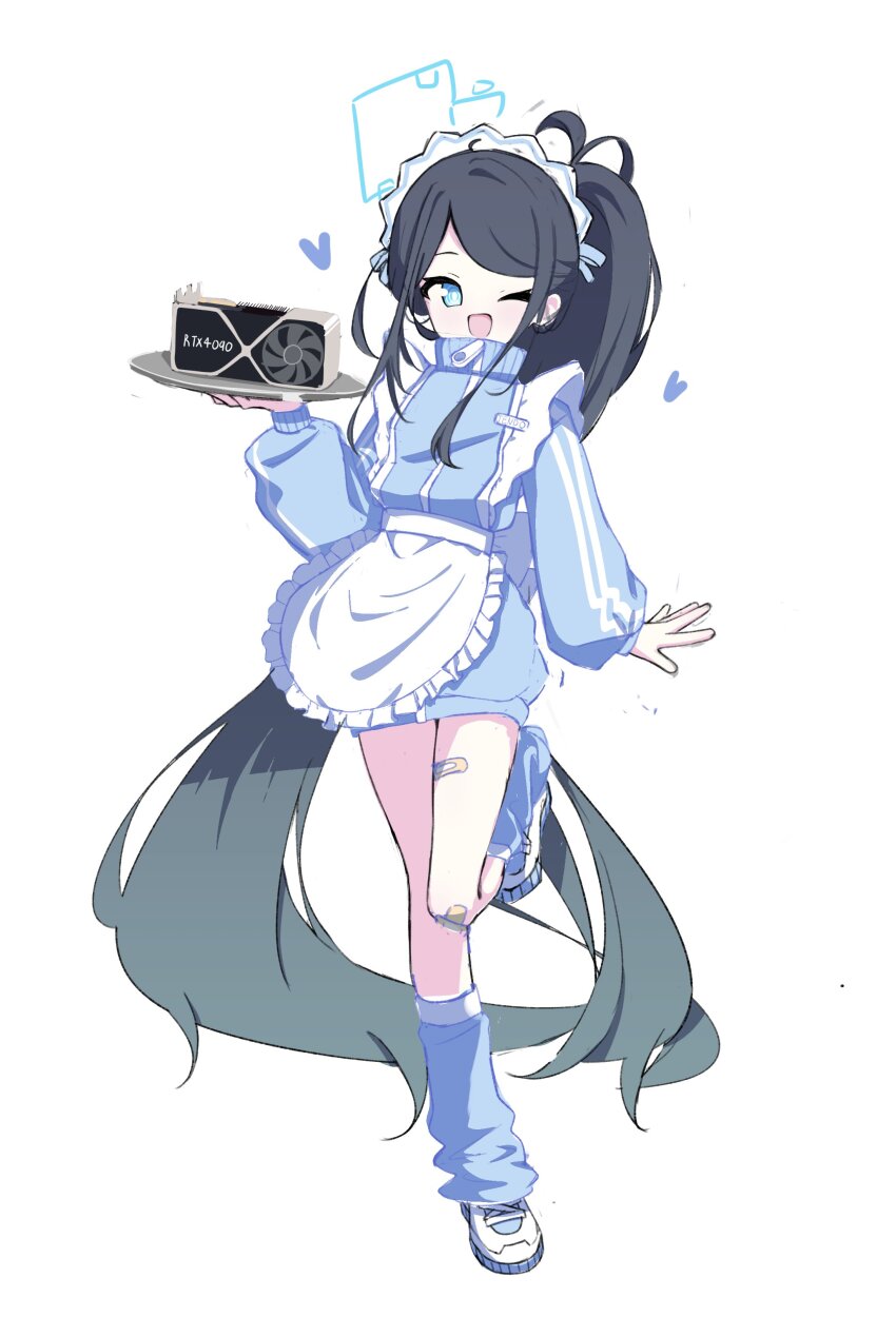 1girl 525_woiwo :d absurdly_long_hair absurdres ahoge alternate_costume apron aris_(blue_archive) aris_(maid)_(blue_archive) back_bow bandaid bandaid_on_knee bandaid_on_leg bandaid_on_thigh black_hair blue_archive blue_eyes blue_hair blue_halo blue_jacket blue_socks bow enmaided frilled_apron frills full_body geforce_rtx_4090 gradient_hair graphics_card halo heart high_ponytail highres holding holding_tray jacket jersey_maid kneehighs long_hair loose_socks maid maid_apron maid_headdress multicolored_hair nvidia one_eye_closed open_mouth rectangular_halo shoes simple_background smile sneakers socks solo standing tenshi_kaiwai track_jacket tray unconventional_maid very_long_hair waist_apron white_background white_bow white_footwear