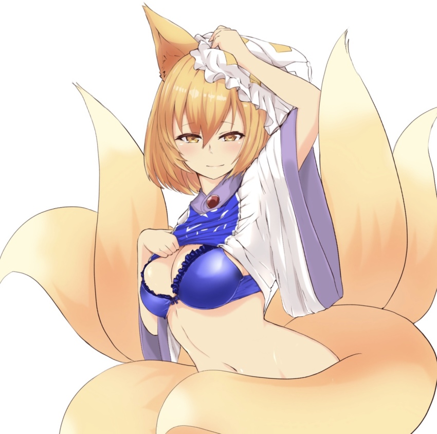 1girl animal_ears animal_hat arm_up blonde_hair blush bra breasts brother_(artist) clothes_lift commentary_request fox_ears fox_tail frilled_bra frills groin hair_between_eyes hand_on_headwear hat highres lifting_own_clothes light_smile looking_at_viewer medium_breasts mob_cap multiple_tails navel shirt shirt_lift short_hair short_sleeves simple_background solo stomach tabard tabard_lift tail touhou underwear white_background white_bra white_hat white_shirt wide_sleeves yakumo_ran yellow_eyes