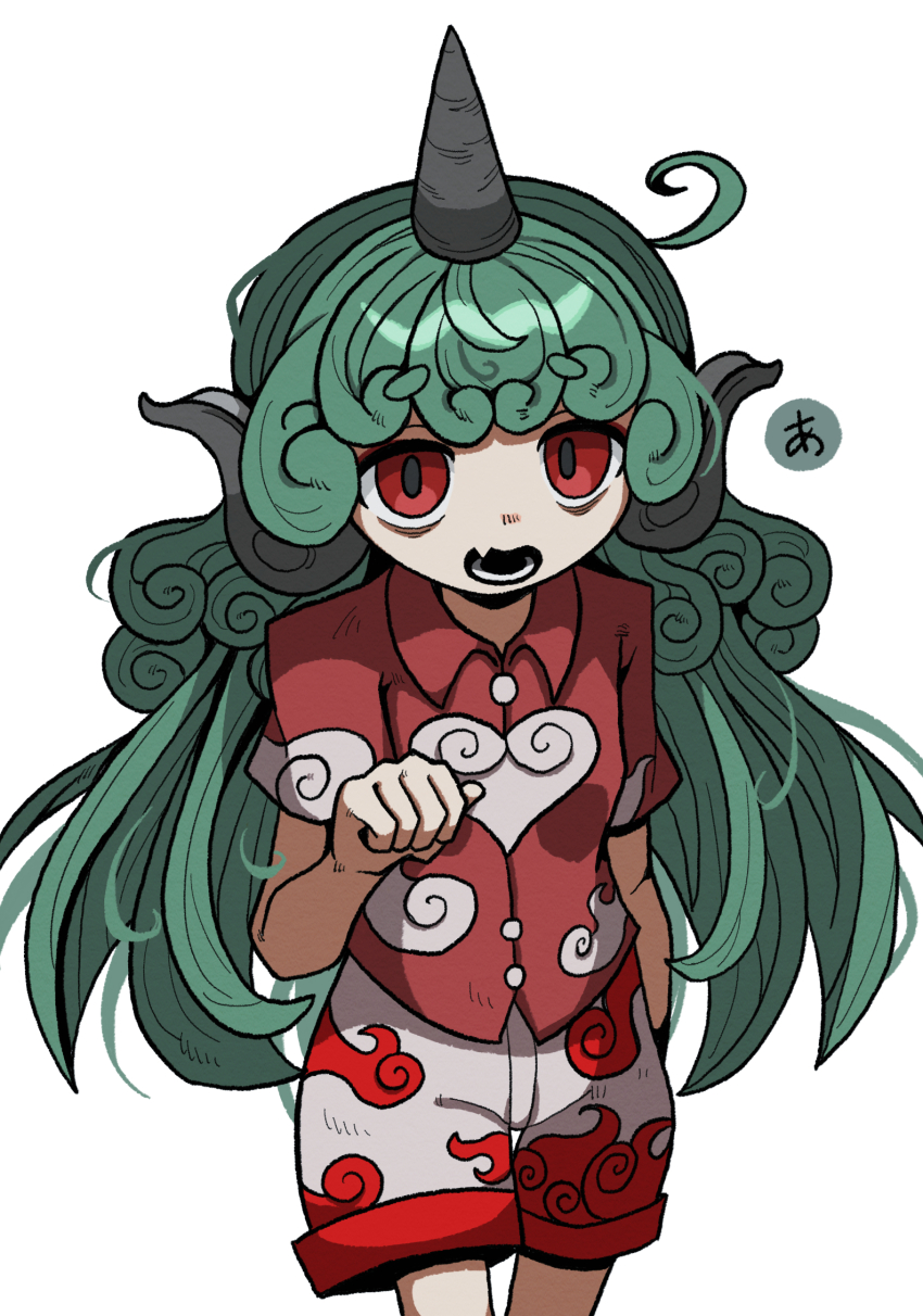 1girl a_(phrase) bags_under_eyes clenched_hand cloud_print collared_shirt cowboy_shot curly_hair dress_shirt fang green_hair hand_up heart heart_print highres horns kariyushi_shirt komainu_ears komano_aunn long_hair looking_at_viewer open_mouth paw_pose print_shirt red_eyes red_shirt red_shorts shirt short_sleeves shorts single_horn skin_fang solo touhou very_long_hair white_background white_shorts zunusama