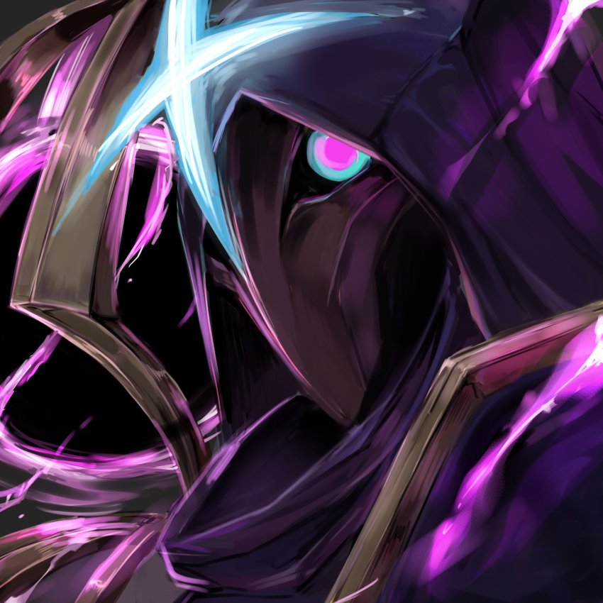 bad_id bad_twitter_id black_hole blue_eyes eldritch_abomination highres hood hoodie jhin jhintoxlc league_of_legends looking_at_viewer male_focus mask pink_eyes purple_background single_eye sketch star_(symbol)