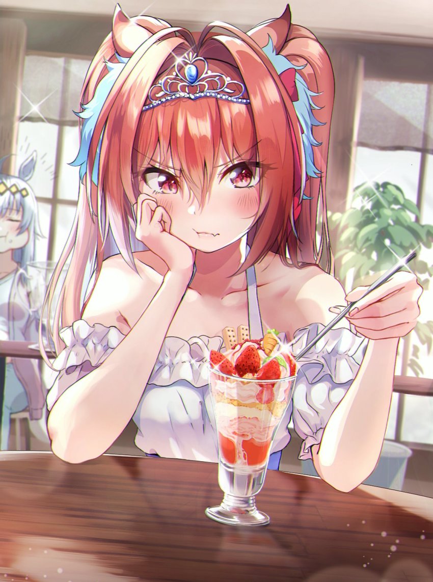 2girls :t animal_ears annoyed bare_shoulders blush brown_hair collarbone cup daiwa_scarlet_(umamusume) dessert dress eyes_visible_through_hair fang fingernails food fruit hair_between_eyes hair_intakes hair_ornament hair_ribbon hand_on_own_cheek hand_on_own_face head_rest highres holding holding_spoon horse_ears horse_girl ice_cream indoors long_hair looking_at_viewer multiple_girls oguri_cap_(umamusume) parfait red_eyes red_ribbon ribbon shaka_(staito0515) short_sleeves sidelocks sitting skin_fang spoon strawberry table twintails umamusume white_dress wooden_table