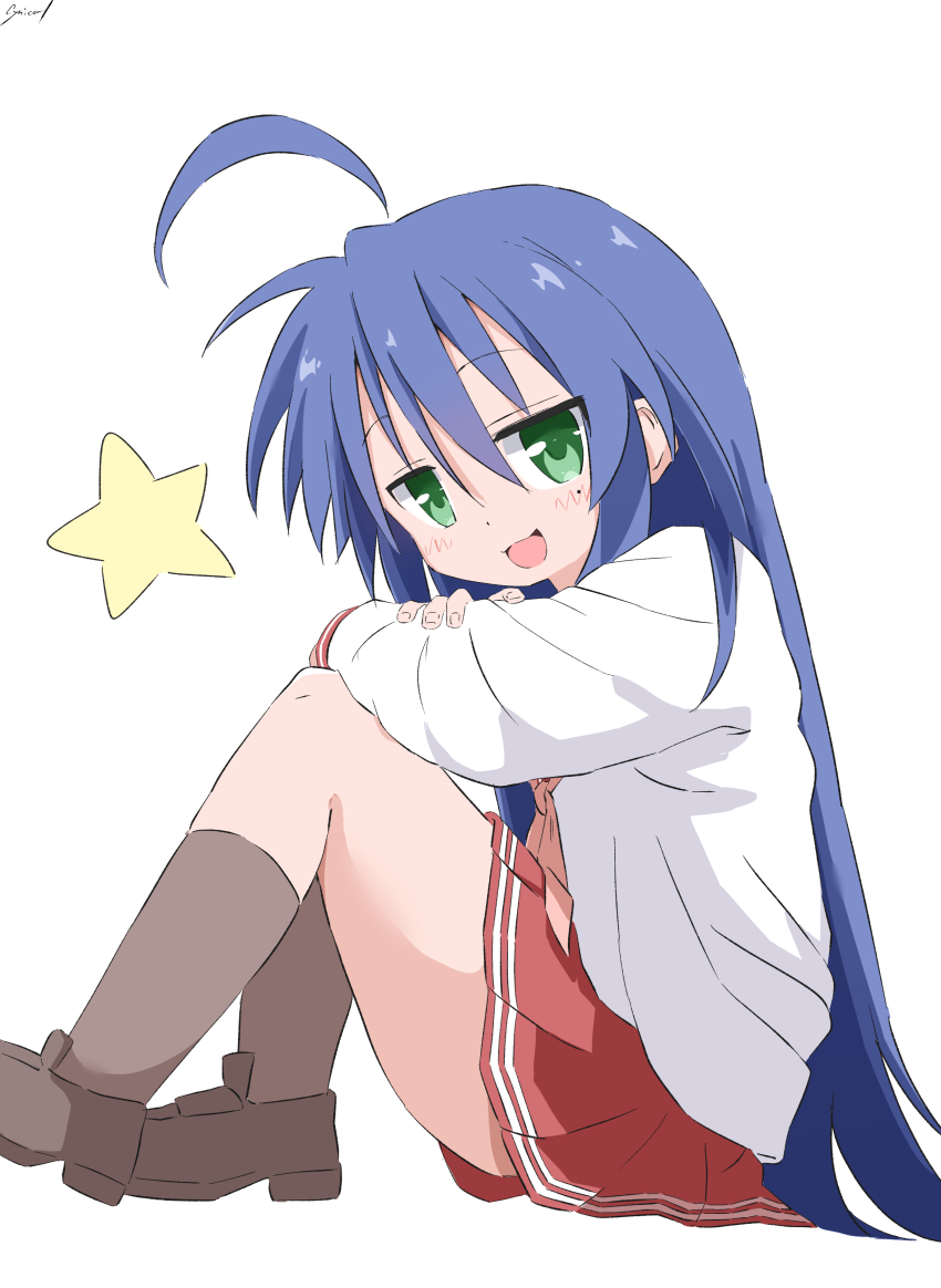 1girl absurdres blue_hair cynical_(llcbluckg_c004) green_eyes hair_between_eyes highres izumi_konata knees_up loafers long_hair lucky_star mole mole_under_eye neckerchief open_mouth pink_neckerchief pleated_skirt ryouou_school_uniform school_uniform serafuku shoes sitting skirt solo white_background