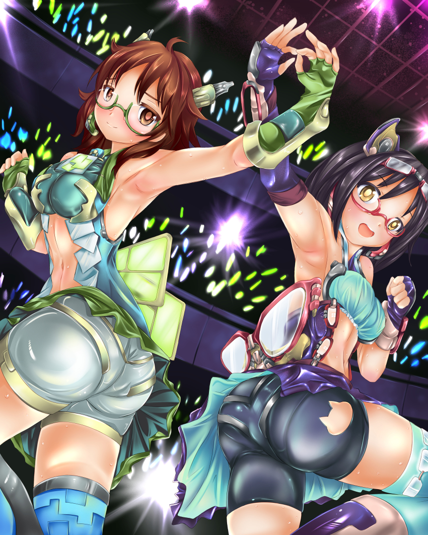 10s 2girls absurdres alternate_costume araki_hina ass bare_shoulders bike_shorts black_hair blush breasts brown_eyes brown_hair fingerless_gloves from_behind glasses gloves hair_ornament hairband highres idolmaster idolmaster_cinderella_girls kamijo_haruna multiple_girls open_mouth shiny_clothes shiny_skin short_hair skirt smile sweat thighhighs victorique