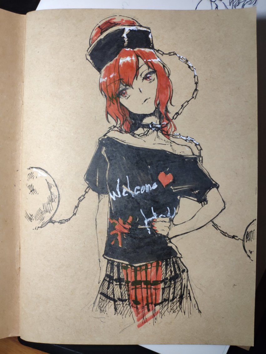 1girl bare_shoulders black_shirt choker clothes_writing heart heart_print hecatia_lapislazuli highres multicolored_clothes multicolored_skirt nail_polish photo_(medium) red_eyes red_hair shirt sketch skirt stank t-shirt touhou