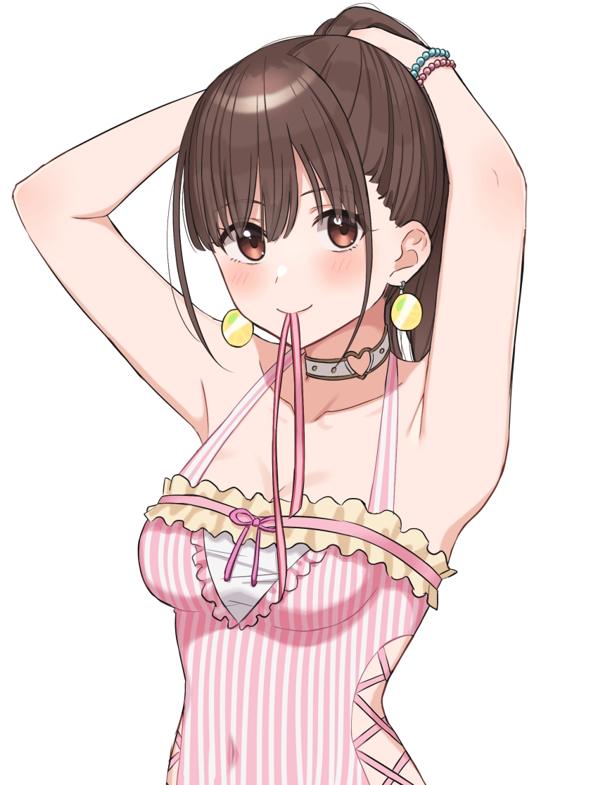 0-toki 1girl absurdres alternate_hairstyle armpits arms_up bare_shoulders bead_bracelet beads blush bracelet breasts brown_hair choker cleavage closed_mouth clothing_cutout collarbone covered_navel dot_nose earrings frilled_one-piece_swimsuit frills hair_tie_in_mouth halterneck heart heart_choker highres idolmaster idolmaster_shiny_colors jewelry large_breasts looking_at_viewer mouth_hold multiple_bracelets one-piece_swimsuit pink_one-piece_swimsuit red_eyes side_cutout simple_background smile solo sonoda_chiyoko striped_clothes striped_one-piece_swimsuit swimsuit tying_hair upper_body vertical-striped_clothes vertical-striped_one-piece_swimsuit white_background white_choker