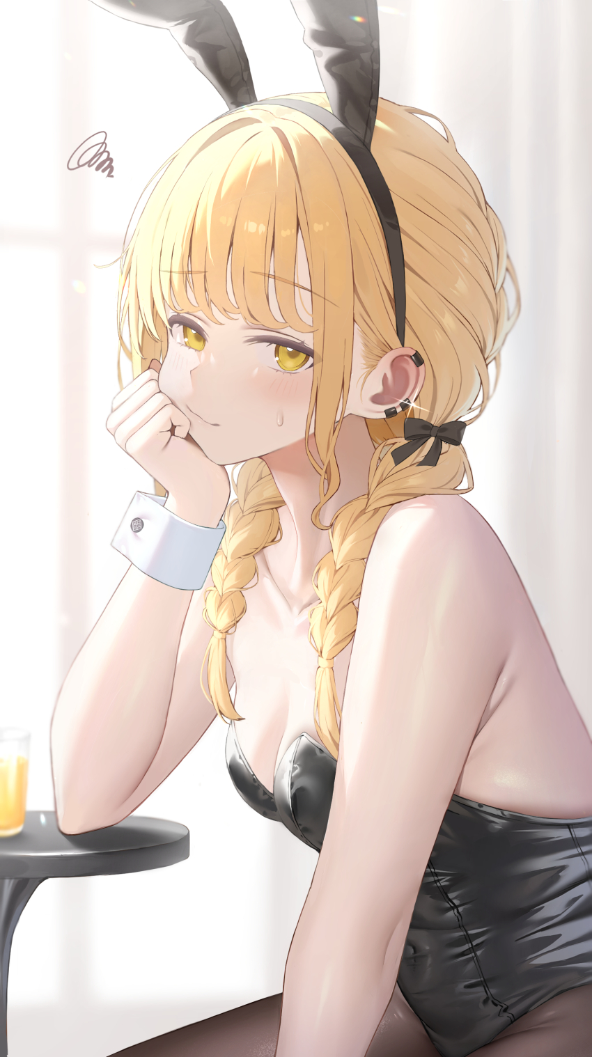 1girl absurdres animal_ears black_leotard black_pantyhose blonde_hair blush braid closed_mouth collarbone commentary_request cup drinking_glass elbow_rest fake_animal_ears fujita_kotone gakuen_idolmaster head_rest hibimaru highres idolmaster leotard long_hair looking_at_viewer low_twin_braids pantyhose playboy_bunny rabbit_ears solo squiggle strapless strapless_leotard sweat twin_braids white_wrist_cuffs wrist_cuffs yellow_eyes