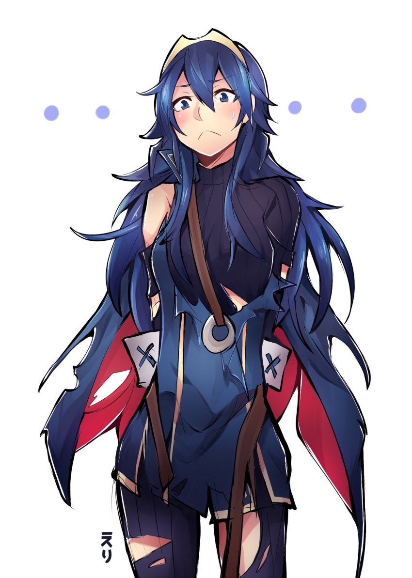 1girl :&lt; blue_eyes blue_hair blush breasts eri_(erikiri) female_focus fire_emblem fire_emblem_awakening fire_emblem_heroes highres long_hair looking_at_viewer lucina_(fire_emblem) nintendo solo tiara torn_clothes