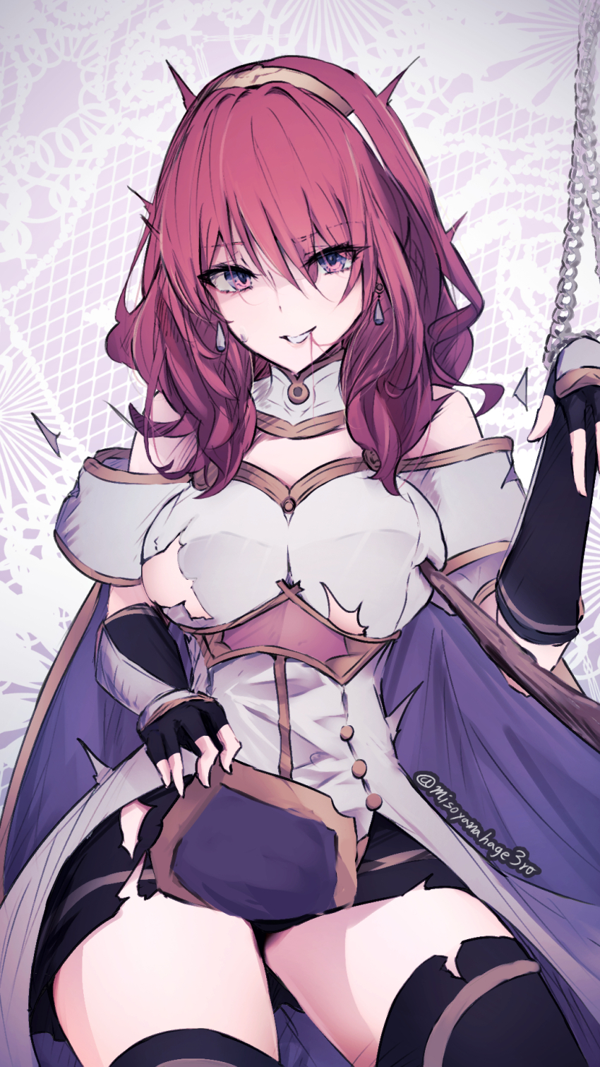 1girl black_thighhighs breasts celica_(fire_emblem) dress earrings fire_emblem fire_emblem_echoes:_shadows_of_valentia fire_emblem_engage highres jewelry lemonolem looking_at_viewer medium_hair nintendo off_shoulder red_eyes red_hair restrained smile solo thighhighs thighs torn_clothes white_dress