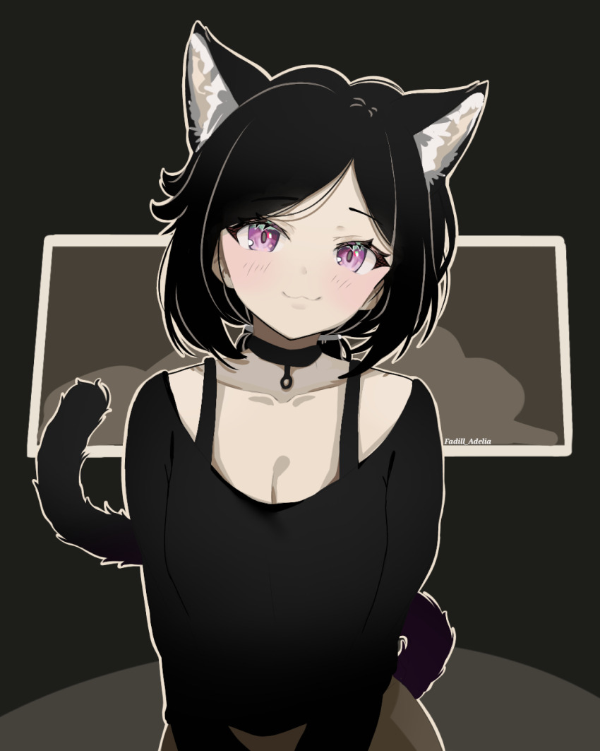 1girl :3 animal_ear_fluff animal_ears ashley_graves black_choker black_hair black_sweater blush bra_strap breasts brown_shorts cat_ears cat_girl cat_tail choker cleavage collarbone extra_ears fadillan hair_tie highres kemonomimi_mode long_sleeves outline parted_bangs ponytail purple_eyes short_hair shorts signature smile sweater tail the_coffin_of_andy_and_leyley white_outline